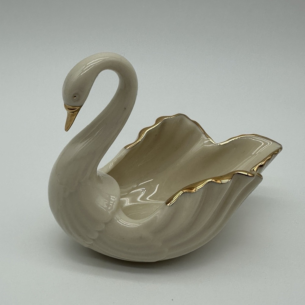 Vtg Lenox Ivory Swan Porcelain Trinket Dish BRIDE Cake Topper Gold trim 4"h EUC